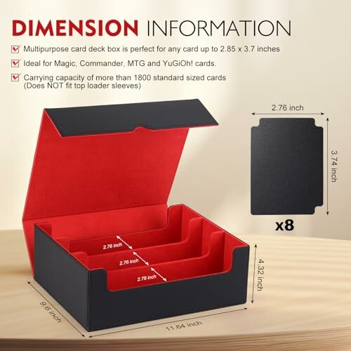 Black and red card deck box with dimensions and features listed