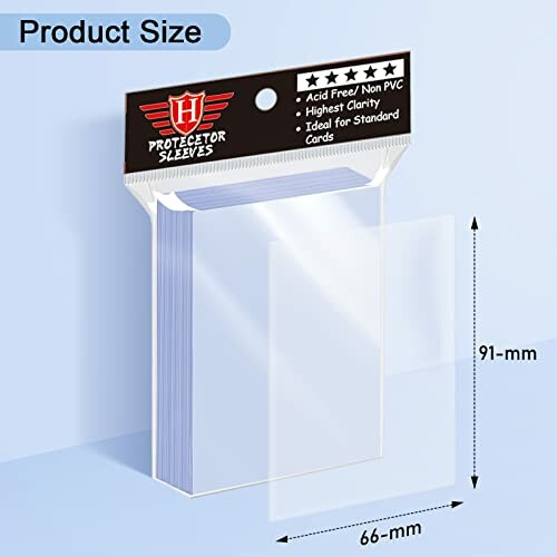 Transparent card protector sleeves with dimensions 66mm by 91mm.