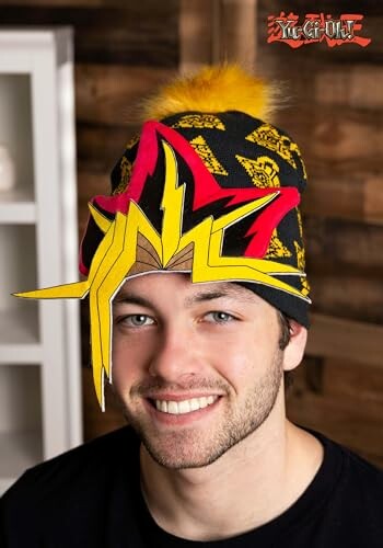 Man wearing a colorful cosplay hat with a unique design.