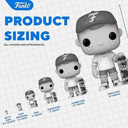 Funko Pop product sizing chart with various figure sizes