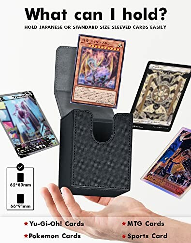 Hand holding a card holder with various trading cards around it, including Yu-Gi-Oh! and sports cards.