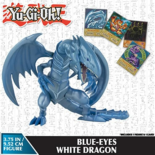 Yu-Gi-Oh! Blue-Eyes White Dragon figure with trading cards.