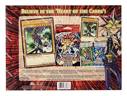 Yu-Gi-Oh! starter deck poster featuring Dark Magician card and packaging.